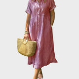 Vestido Camisa Listrado com Penas, Botões e Bolsos Funcionais