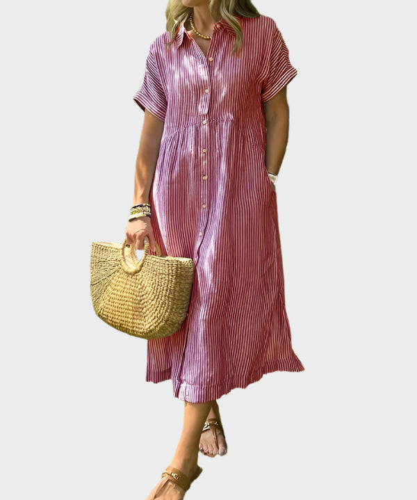 Vestido Camisa Listrado com Penas, Botões e Bolsos Funcionais