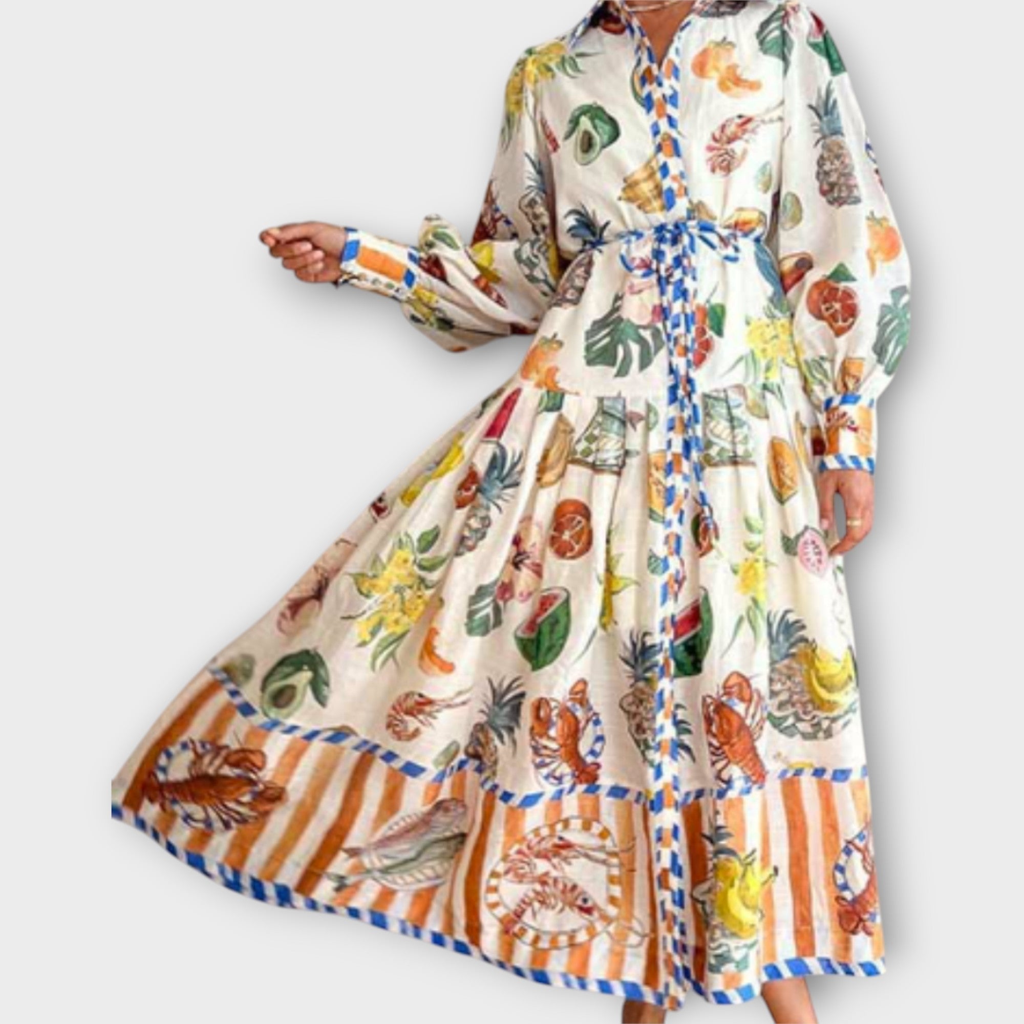 Maxi Vestido com Cinto e Mangas Bufantes