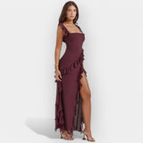 Vestido com Fenda e Volantes Reguláveis