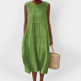 Vestido Sem Mangas Elegante em Algodão com Bolsos