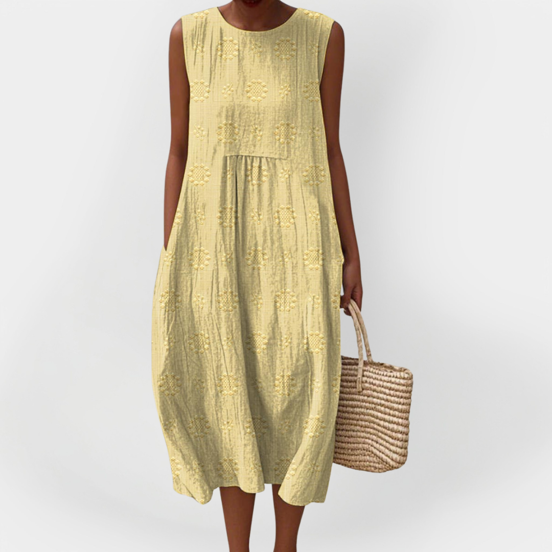 Vestido Sem Mangas Elegante em Algodão com Bolsos