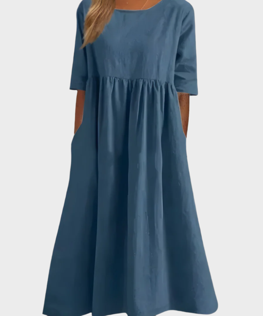 Vestido de Linho com Manga Curta e Corte Arejado