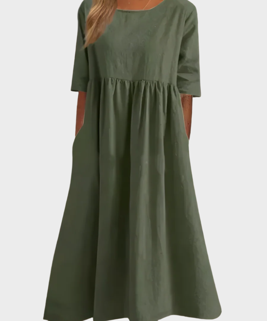 Vestido de Linho com Manga Curta e Corte Arejado