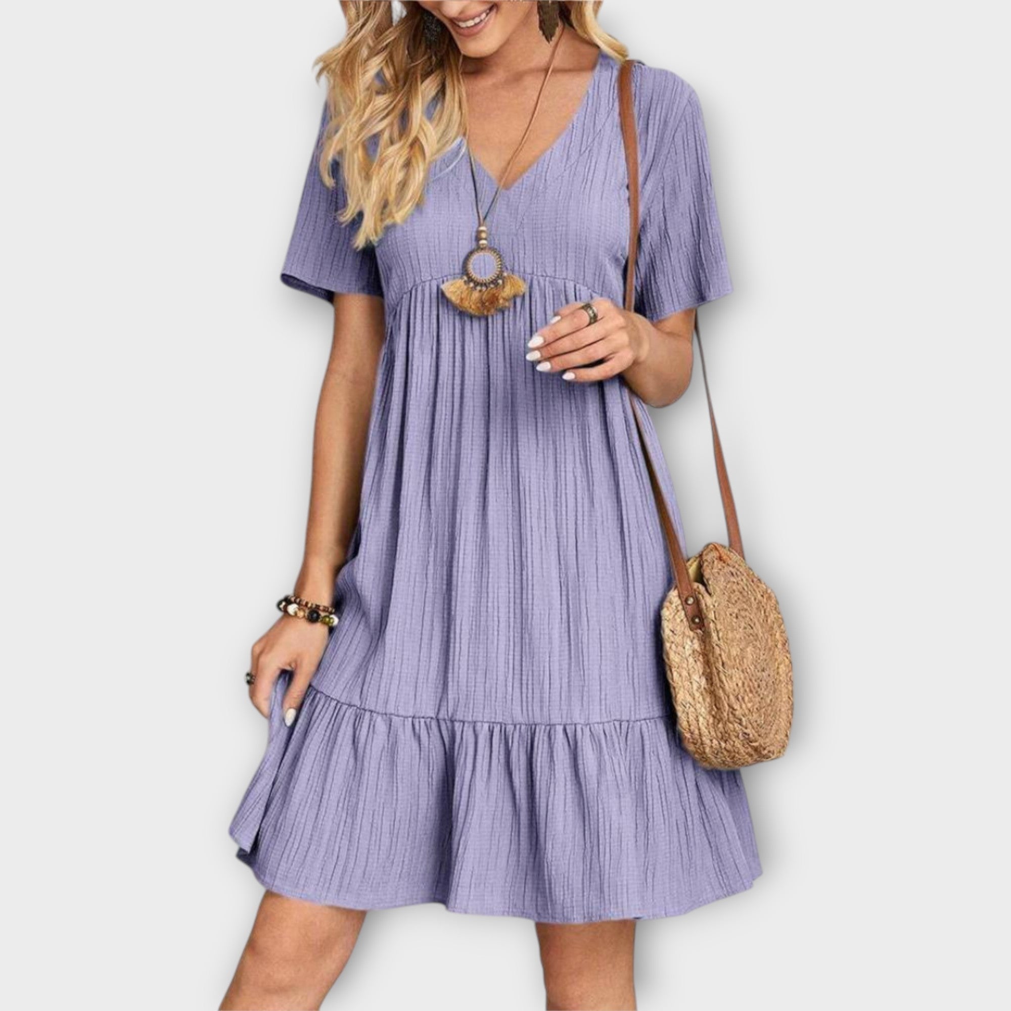 Vestido Boho de Verão com Pregas e Manga Curta