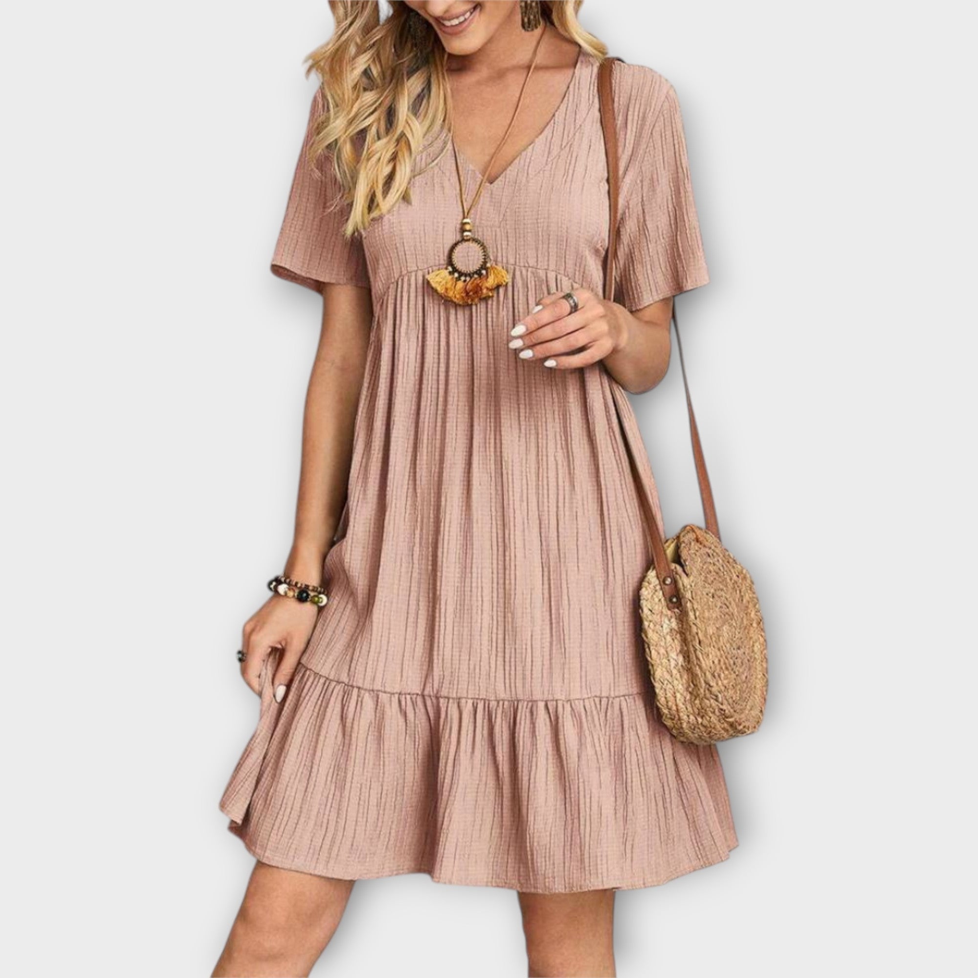 Vestido Boho de Verão com Pregas e Manga Curta