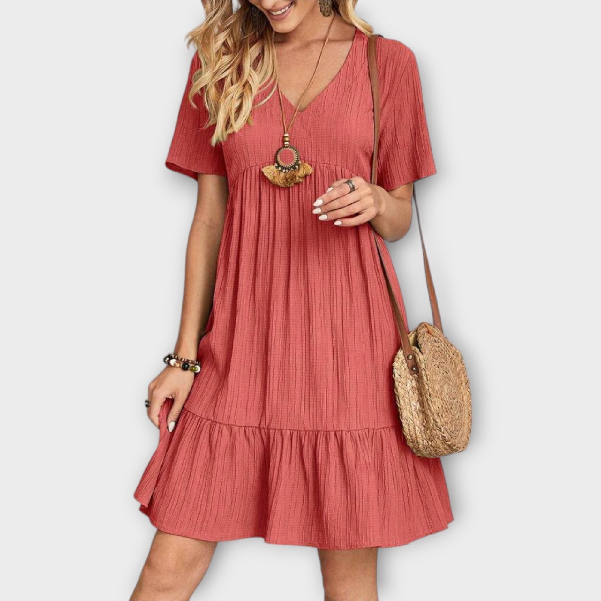 Vestido Boho de Verão com Pregas e Manga Curta