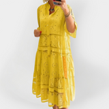 Vestido de Renda com Mangas e Botões Frontais