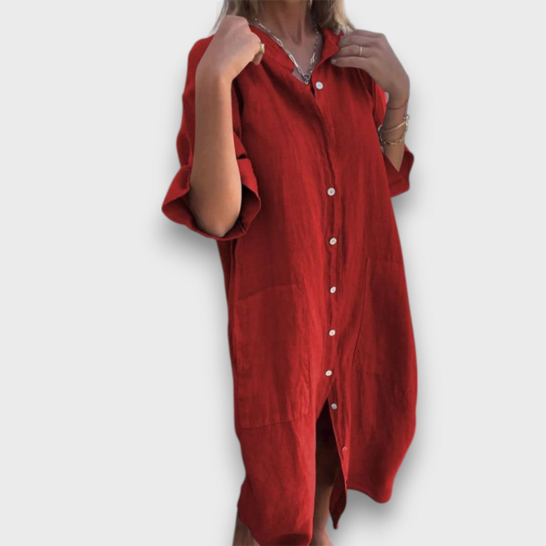 Vestido Camisola de Linho com Botões e Bolsos