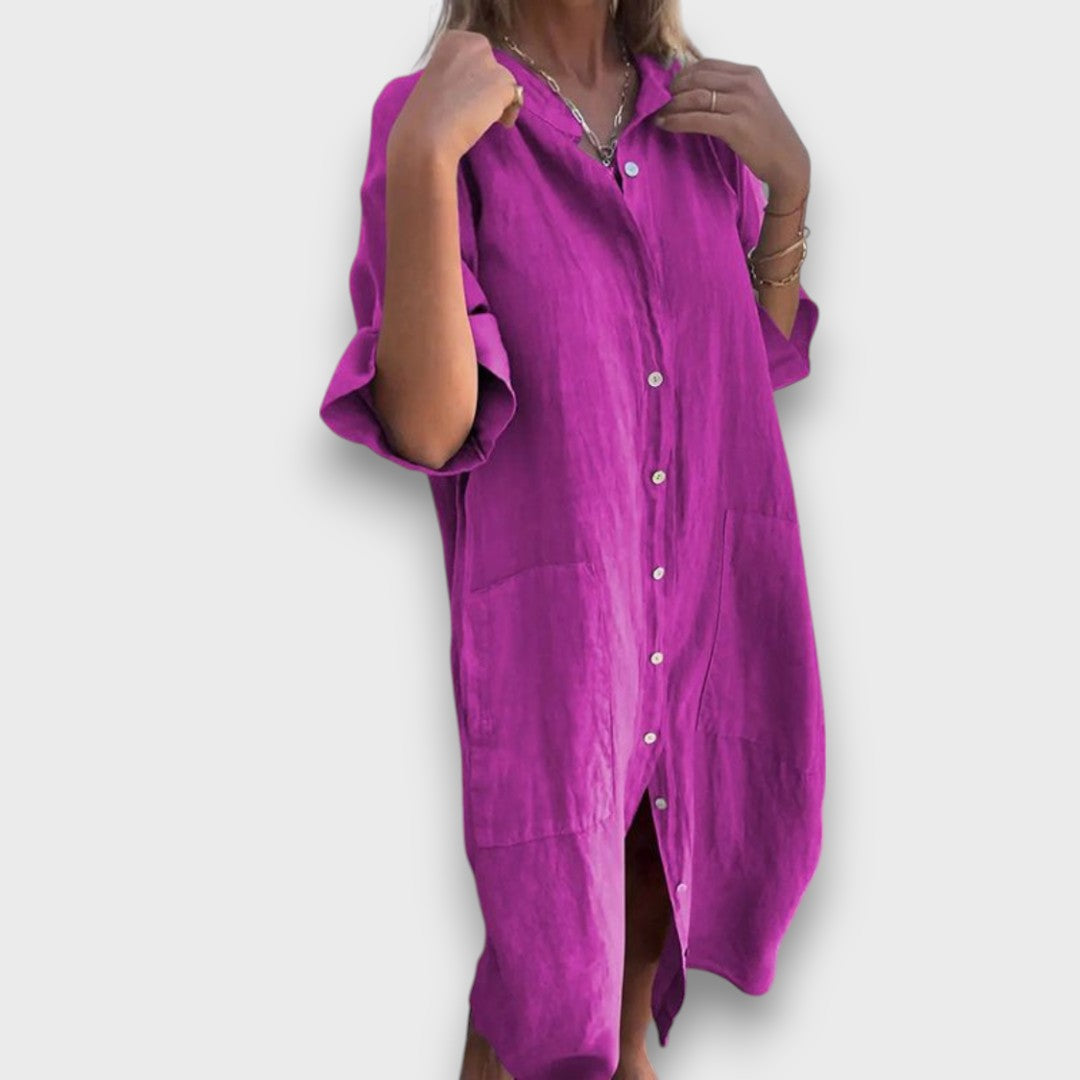 Vestido Camisola de Linho com Botões e Bolsos