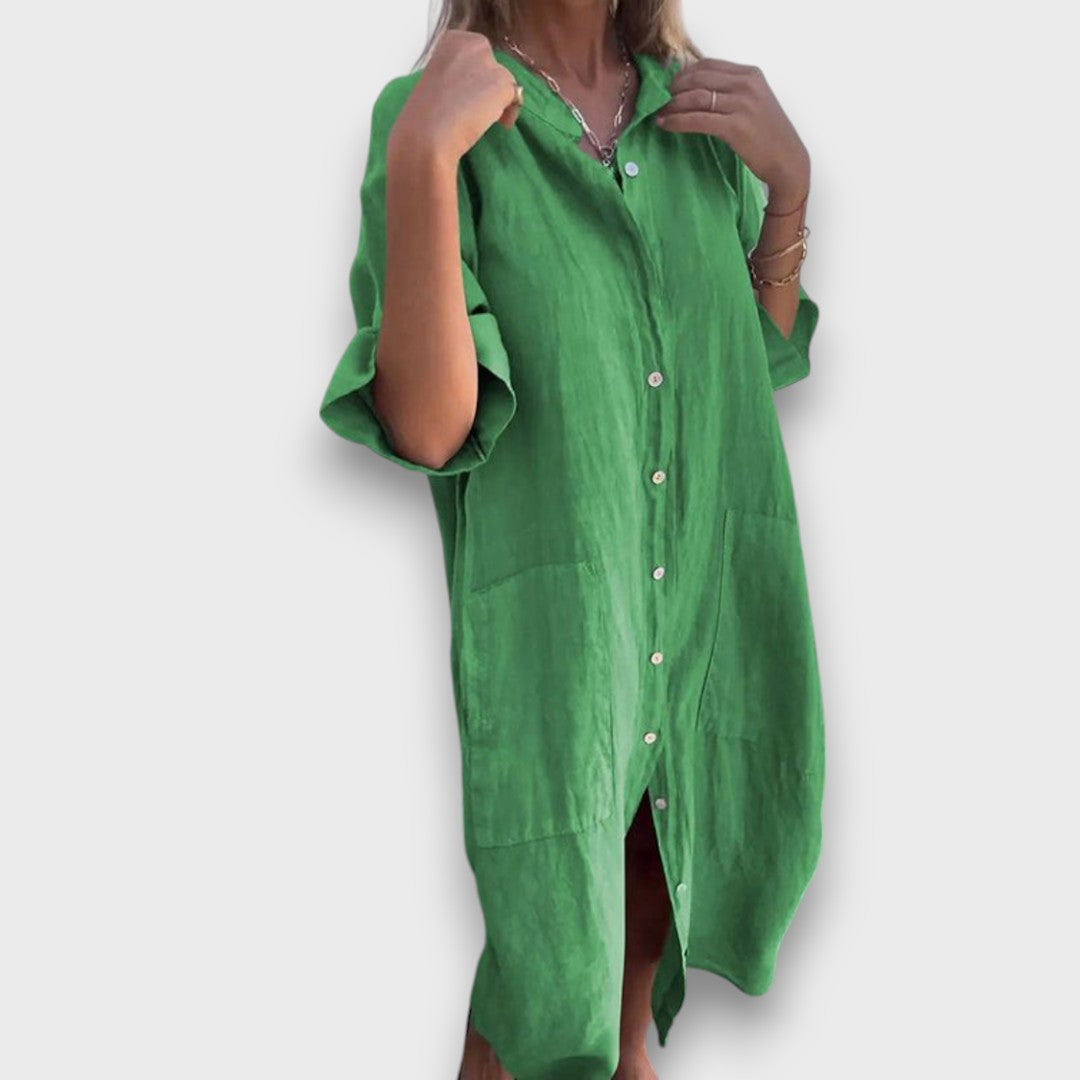 Vestido Camisola de Linho com Botões e Bolsos