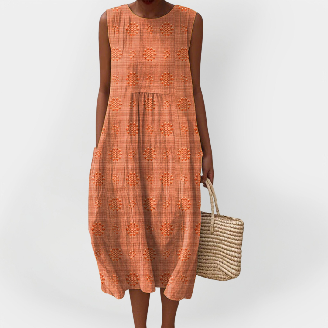 Vestido Sem Mangas Elegante em Algodão com Bolsos