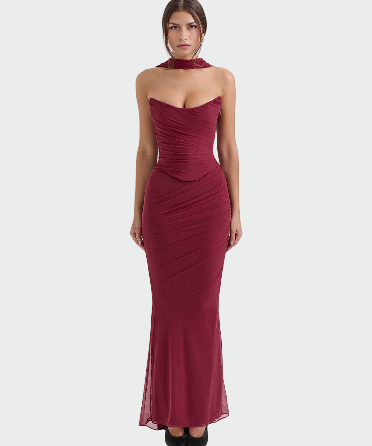 Lora | Vestido Longo Drapeado com Colarinho-Corsage