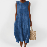 Vestido Sem Mangas Elegante em Algodão com Bolsos