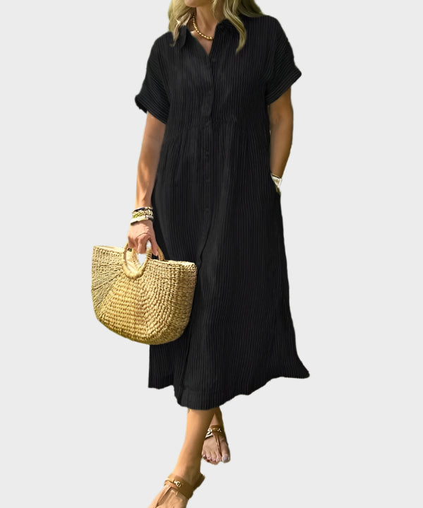 Vestido Camisa Listrado com Penas, Botões e Bolsos Funcionais