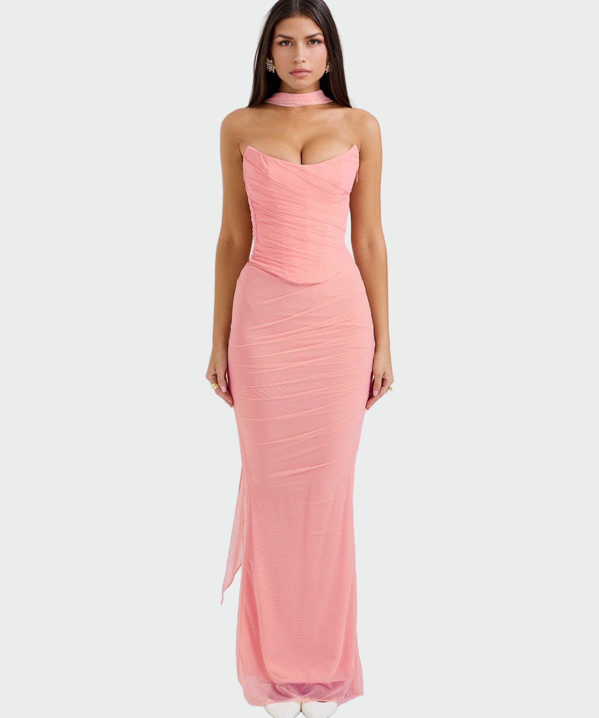 Lora | Vestido Longo Drapeado com Colarinho-Corsage