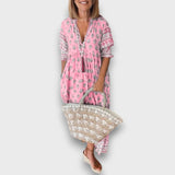 Vestido Boho Arejado com Mangas 3/4 e Decote com Cordões