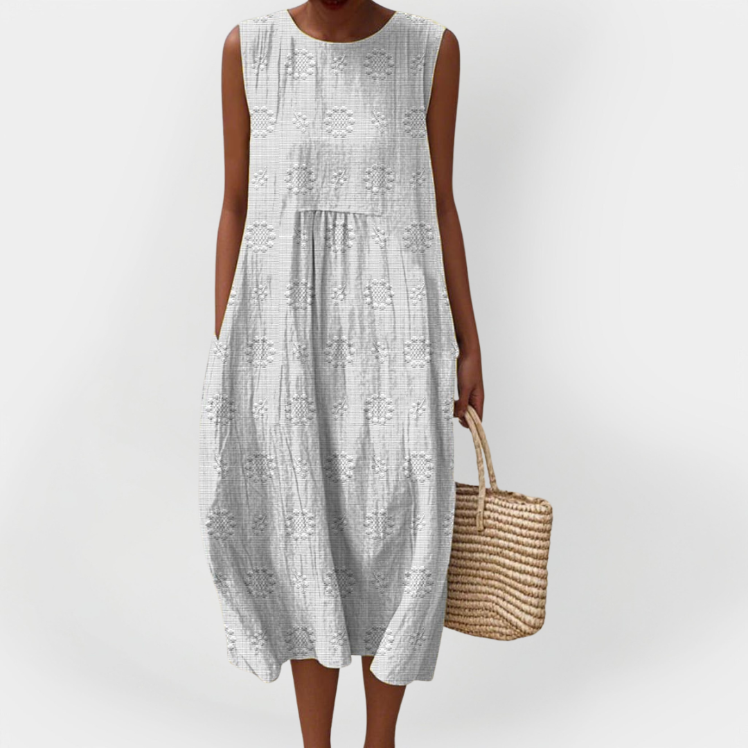 Vestido Sem Mangas Elegante em Algodão com Bolsos