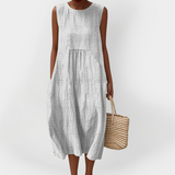 Vestido Sem Mangas Elegante em Algodão com Bolsos