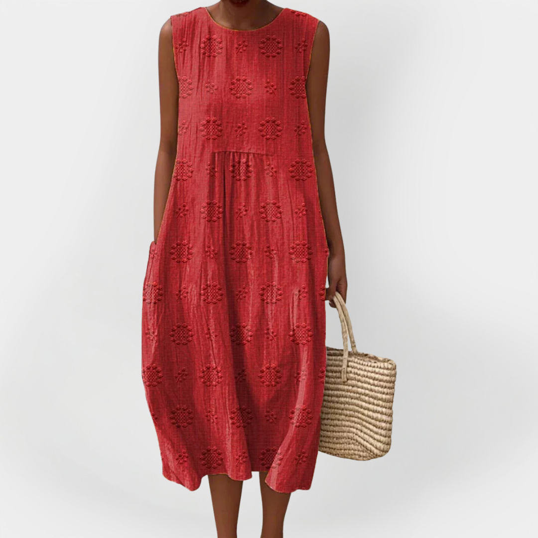 Vestido Sem Mangas Elegante em Algodão com Bolsos