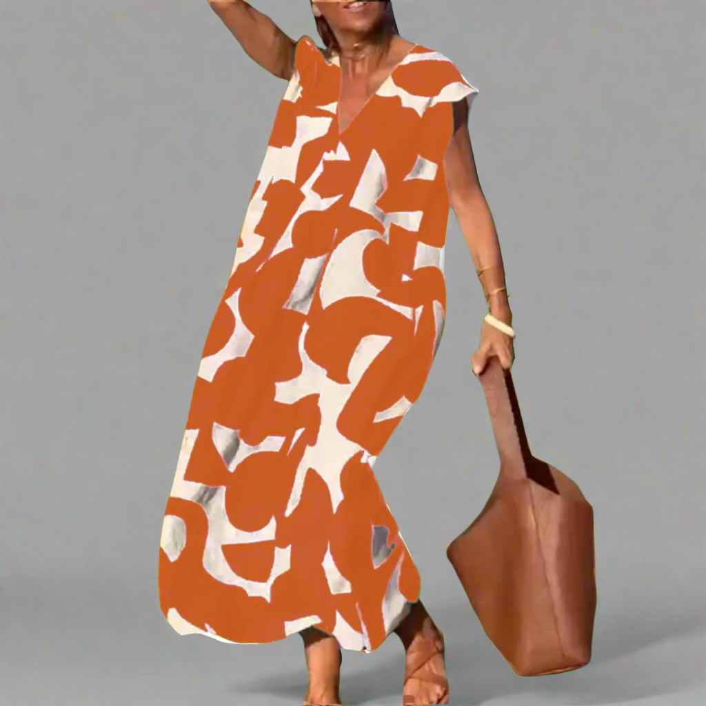 Vestido V com impressão de tecido
