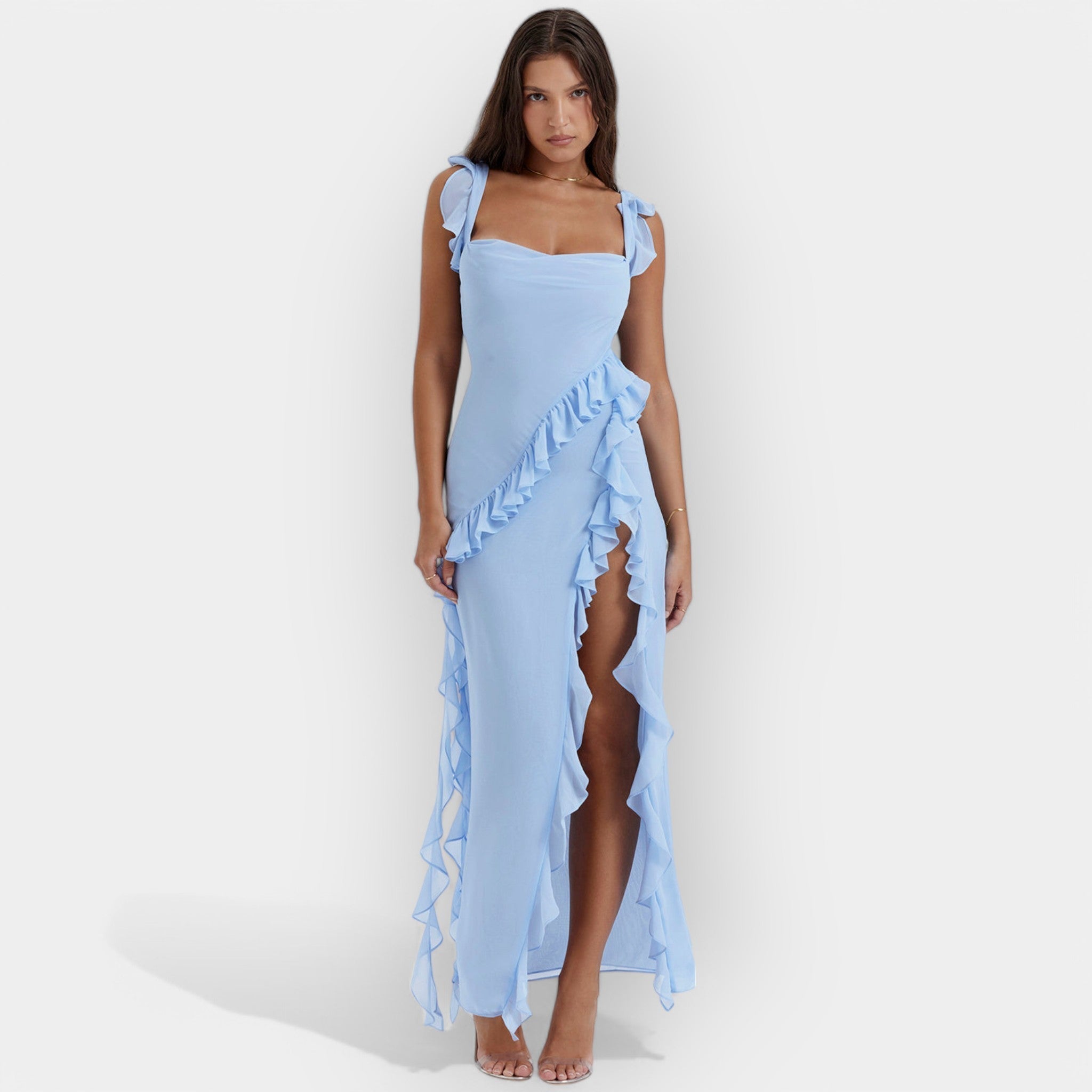 Vestido com Fenda e Volantes Reguláveis