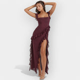 Vestido com Fenda e Volantes Reguláveis