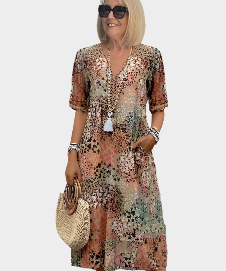 Vestido Arejado com Padrão de Verão e Decote em V