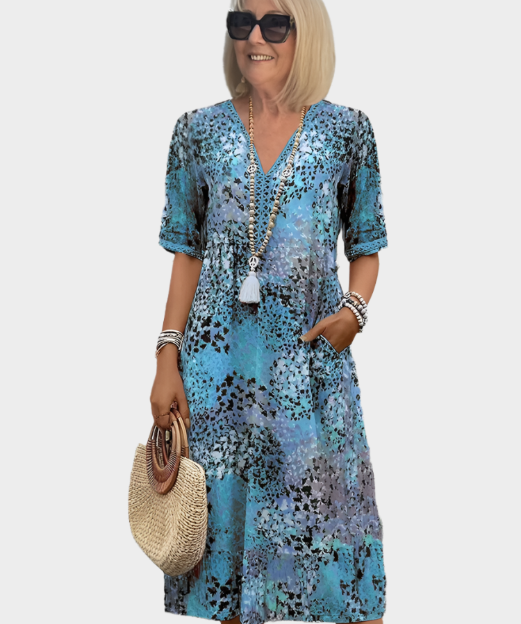 Vestido Arejado com Padrão de Verão e Decote em V