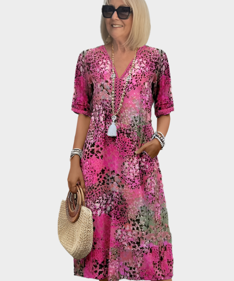 Vestido Arejado com Padrão de Verão e Decote em V