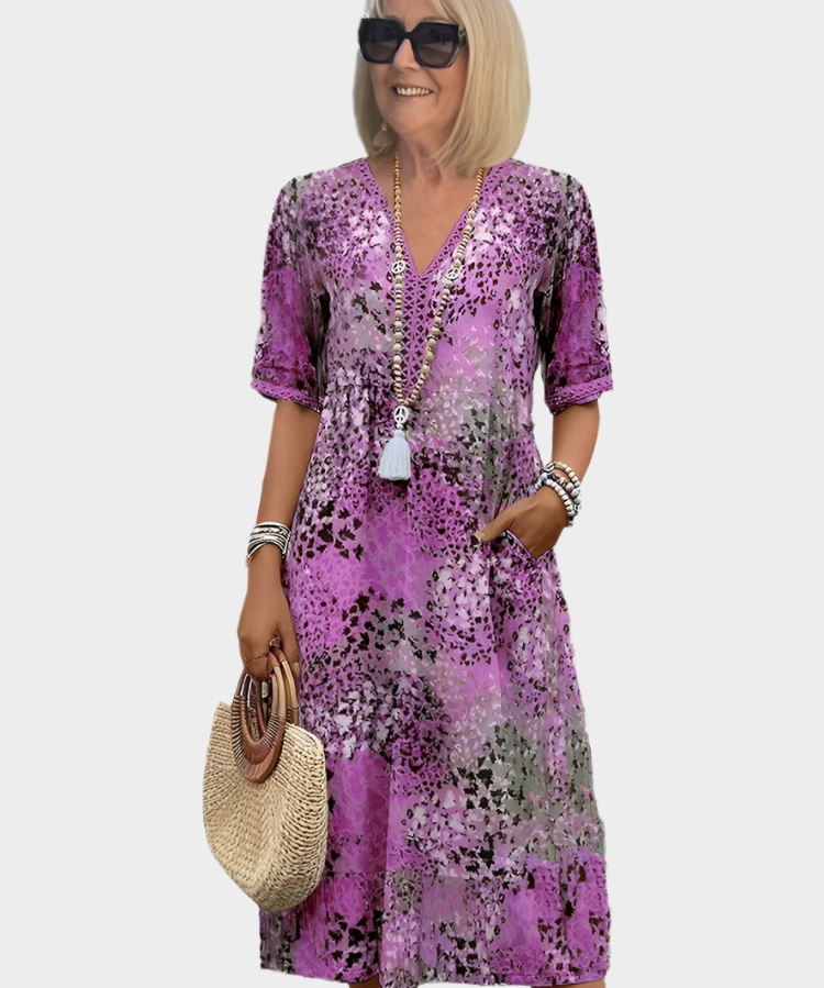 Vestido Arejado com Padrão de Verão e Decote em V