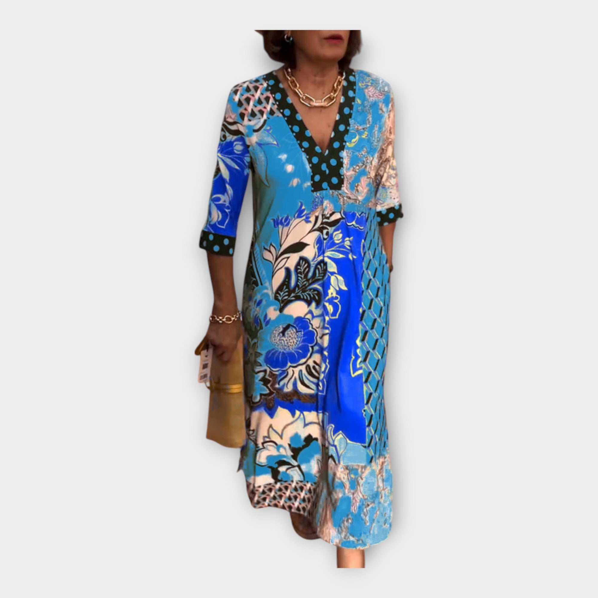 Vestido Multicolorido com Botões e Mangas 3/4