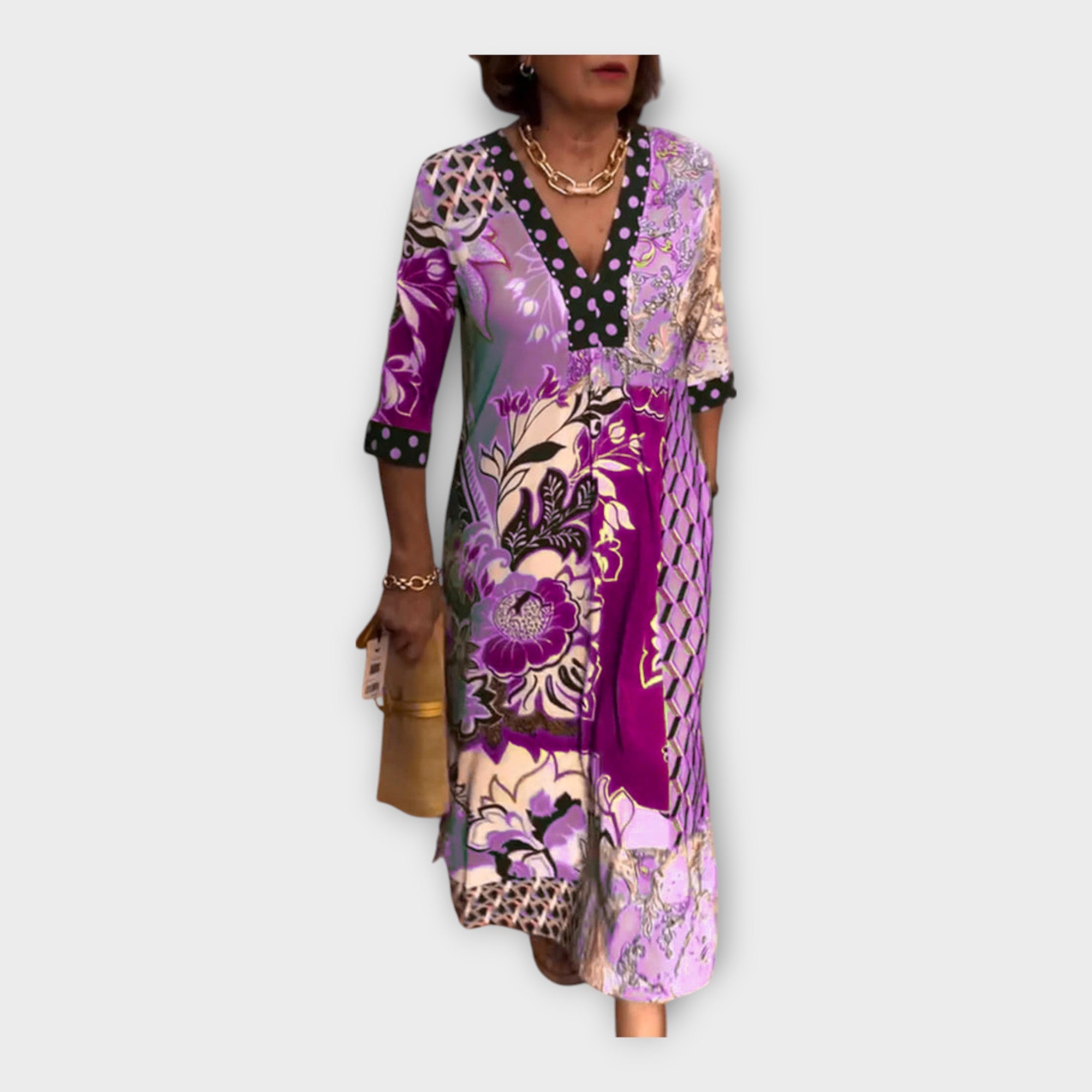 Vestido Multicolorido com Botões e Mangas 3/4