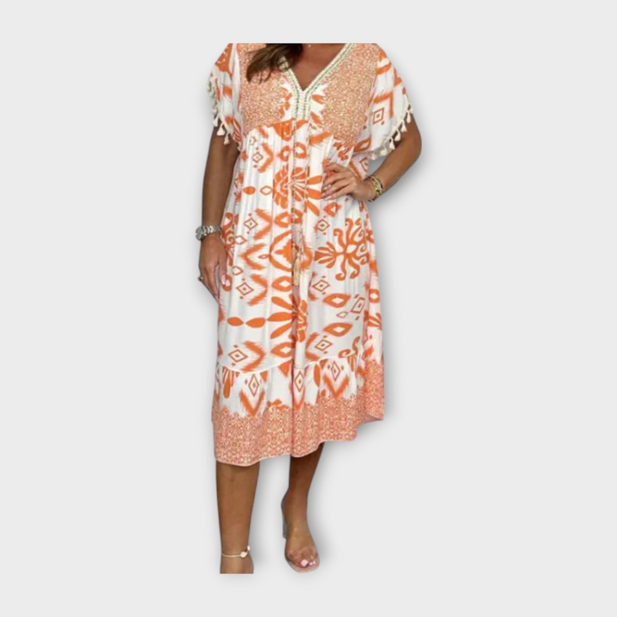 Kaftan de Comprimento Abaixo do Joelho com Padrões e Corda